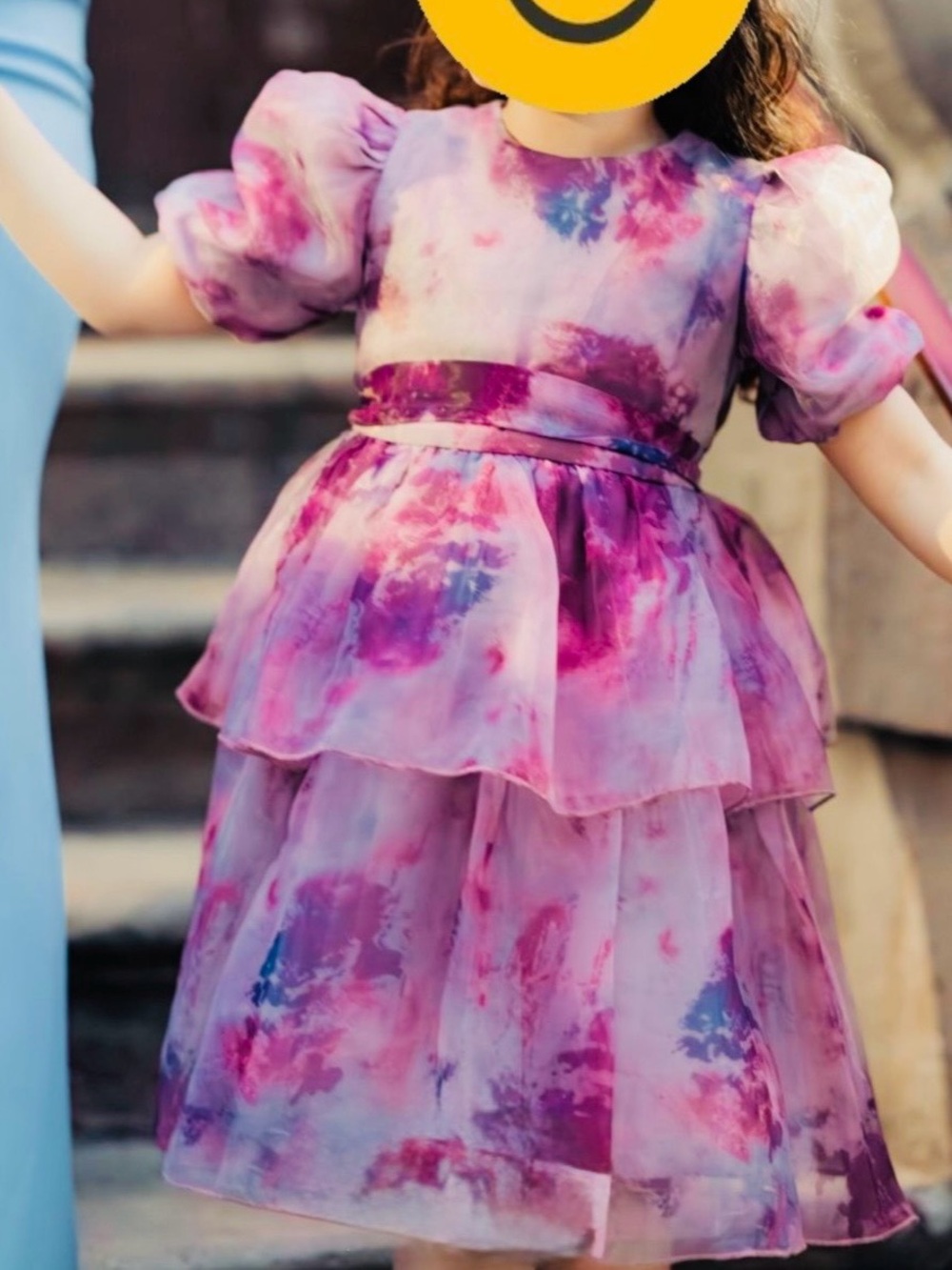 TEELA
Tiered Puff-Sleeve Dress in Pink, Mauve & Purple Floral Watercolor.